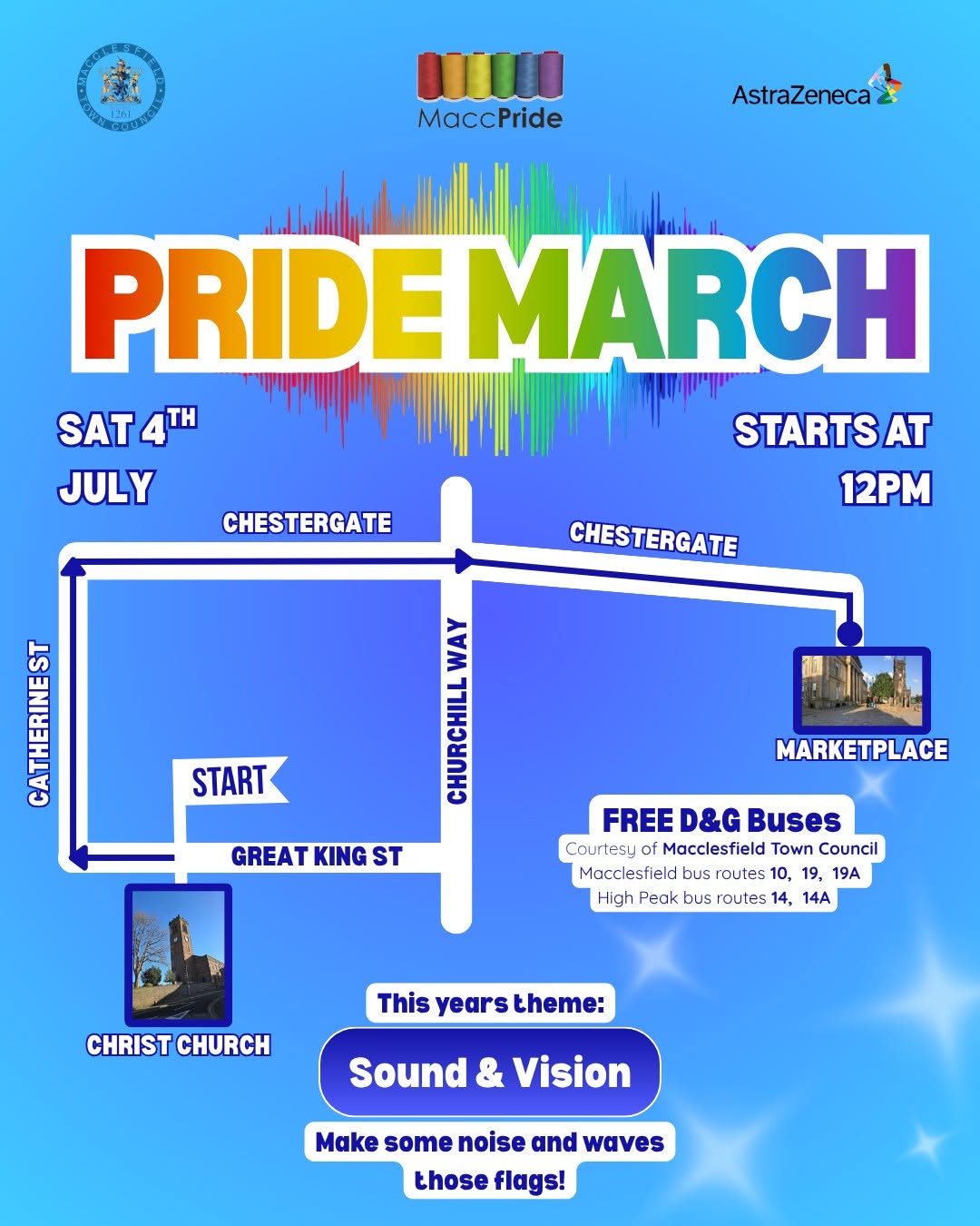 MaccPride 2026: Everything You Need to Know About Macclesfield's Biggest Celebration of Diversity This Saturday

If you're looking for things to do in Macclesfield this weekend, one event stands out above all others. MaccPride 2026 returns to Macclesfield town centre on Saturday 4 July, bringing a full day of live entertainment, colourful celebrations, family activities, community stalls and the annual Pride March.

Now celebrating its ninth year, MaccPride has grown into one of the largest annual community events in Cheshire, welcoming thousands of visitors from across the region. Whether you're part of the LGBTQ+ community, an ally, visiting with family or simply looking for a fantastic day out, MaccPride offers something for everyone. This year's theme is "Sound and Vision", celebrating self-expression, creativity, music and visibility while continuing to promote equality, inclusion and acceptance throughout the local community.

What is MaccPride?

MaccPride is Macclesfield's annual Pride festival, organised by a dedicated team of volunteers to celebrate the town's diverse LGBTQ+ community while creating an inclusive event that welcomes everyone.

Since launching in 2018, the festival has become one of the highlights of the Macclesfield events calendar, combining live music, entertainment, community engagement and education in a relaxed, family-friendly atmosphere.

The organisers describe MaccPride as a celebration centred on visibility, inclusion and equality, creating a safe and welcoming space for LGBTQ+ people, their families, friends and supporters while encouraging understanding across the wider community.

When and Where is MaccPride 2026?

This year's event takes place on:

📅 Saturday 4 July 2026
🕥 10:30am – 6:00pm
📍 Market Place, Macclesfield Town Centre

Best of all, the event is completely free to attend, making it one of the biggest free family events taking place in Cheshire this summer.

The Pride March

One of the most anticipated moments of the day is the annual MaccPride Parade.

The colourful march begins at Christ Church on Great King Street at 12 noon, travelling through the town centre before arriving in Market Place at approximately 12:20pm.

Hundreds of people are expected to take part, with local organisations, charities, schools, businesses and community groups joining residents in a vibrant celebration of diversity.

If you're planning to drive into town, it's worth noting that temporary rolling road closures will be in place between 11:45am and 12:45pm, while parts of Market Place and Chestergate will remain closed for much of the day to ensure the safety of participants and visitors.

Live Music and Entertainment

Entertainment begins from 10:30am and continues throughout the afternoon on the main stage in Market Place.

This year's programme features an exciting mix of local performers, musicians, dancers, tribute acts and entertainers, including:

James Cheffings
REME-D
Conundrum
Andy Crosbie as Elton John
Indianna
Bella Savage
Leona de Von
Kyle Finn
K-Star finalists
Sylk Academy dancers
Capoeira performances
Gay Gordons
Tina Tuna
Andy Hofto

Hosting duties throughout the day will be shared by James Cheffings and Jonathon Mayor, ensuring there's plenty of energy between performances.

Food, Drinks and Family Activities

MaccPride is much more than a music festival.

Visitors can enjoy food and refreshments from a range of local independent businesses, including:

Smash and That
Yas Bean
Mr Whippy Ice Cream

The grounds of St Michael's Church will also host:

Charity and community stalls
Circus Academy activities
Glitter station
Cosmic Pole aerial workshops
Information stands
Family entertainment

The relaxed atmosphere makes MaccPride one of the most welcoming events of the summer, with activities suitable for children, adults and visitors of all ages.

Free Bus Travel Across Macclesfield

Thanks to continued support from Macclesfield Town Council, visitors can also enjoy free bus travel on selected routes throughout the day.

Free services include:

D&G Routes 3, 10, 19 and 19A
High Peak Routes 14 and 14A

The initiative aims to make it easier for residents from across Macclesfield and the surrounding villages to attend the celebrations while encouraging more sustainable travel into the town centre.

Why MaccPride Matters

Events like MaccPride have become an important part of Macclesfield's community calendar because they bring people together.

As well as providing a day of entertainment, the festival celebrates diversity, promotes inclusion and gives local organisations, charities and businesses an opportunity to support equality across the town.

Each year, the event continues to grow, attracting thousands of visitors while helping showcase Macclesfield as a welcoming, vibrant and inclusive destination for residents and visitors alike.

Planning Your Visit to MaccPride 2026

If you're wondering what's on in Macclesfield this weekend, MaccPride should be at the top of your list.

With live entertainment, a colourful Pride March, family activities, fantastic food, community stalls and free public transport, there's every reason to spend the day in the town centre and experience one of Cheshire's most uplifting community celebrations.

Whether you're attending for the first time or returning to support friends, family or the wider LGBTQ+ community, MaccPride 2026 promises another memorable day full of colour, music and community spirit.

Macc Pride 2026 - Parade