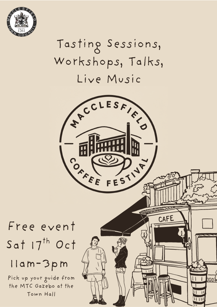 Macclesfield Coffee Festival 2026 poster showing a latte, town streets and the festival logo