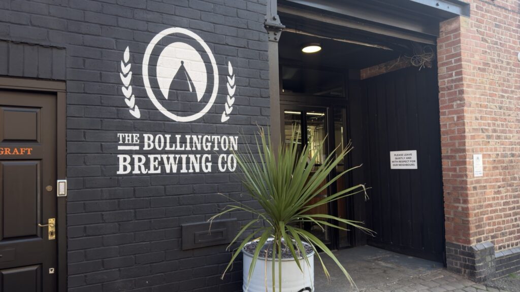 Entrance to Bollington Taproom at Brook Mill, Parker Street, Macclesfield, with The Bollington Brewing Co wall sign
