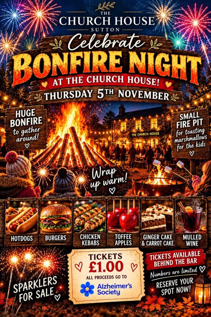 Church House Sutton Bonfire Night poster, Thursday 5 November, tickets £1