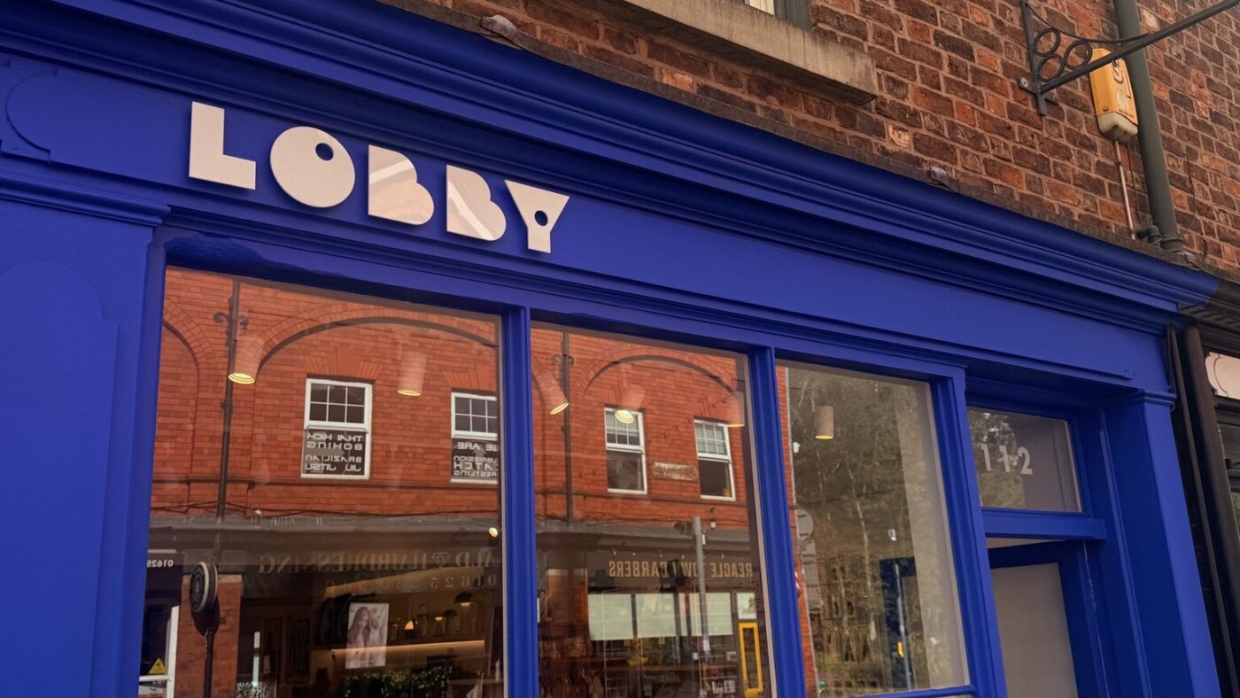 Lobby's blue shopfront at 112 Chestergate in Macclesfield