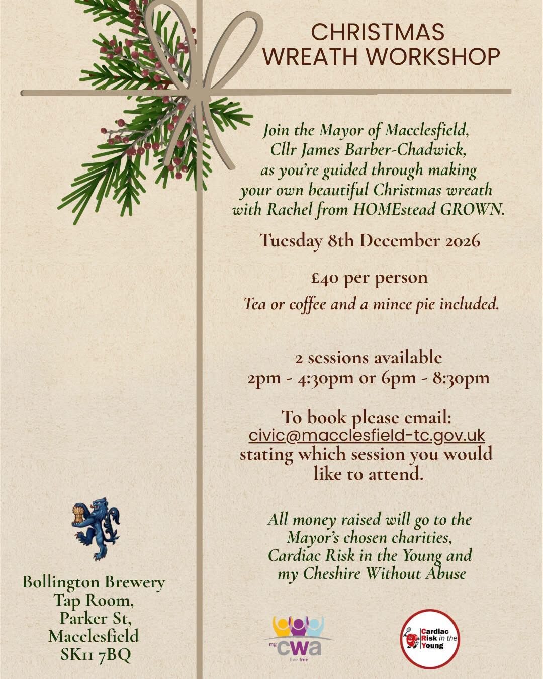Mayor of Macclesfield’s Christmas Wreath Workshop poster with both sessions and booking details