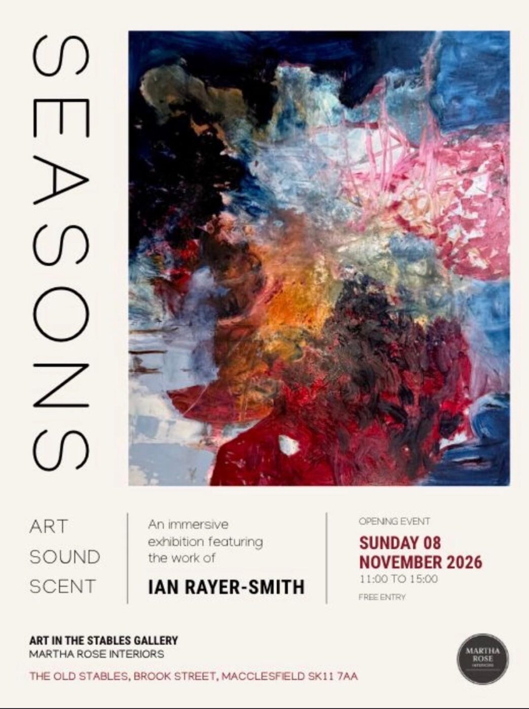 SEASONS exhibition poster: Ian Rayer-Smith at Martha Rose Interiors, Macclesfield; free opening on 8 November 2026, 11am–3pm
