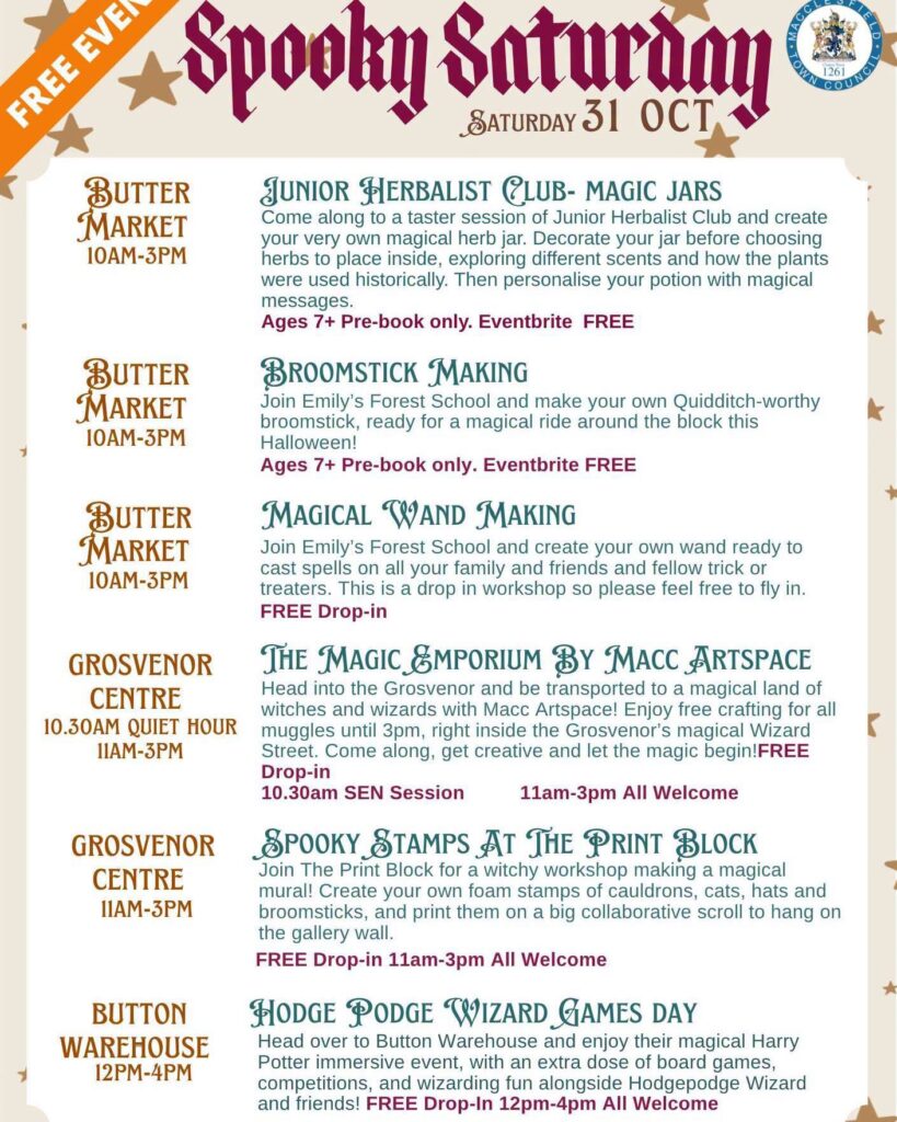 Spooky Saturday 2026 poster showing the event title and activities at the Butter Market, Grosvenor Centre and Button Warehouse