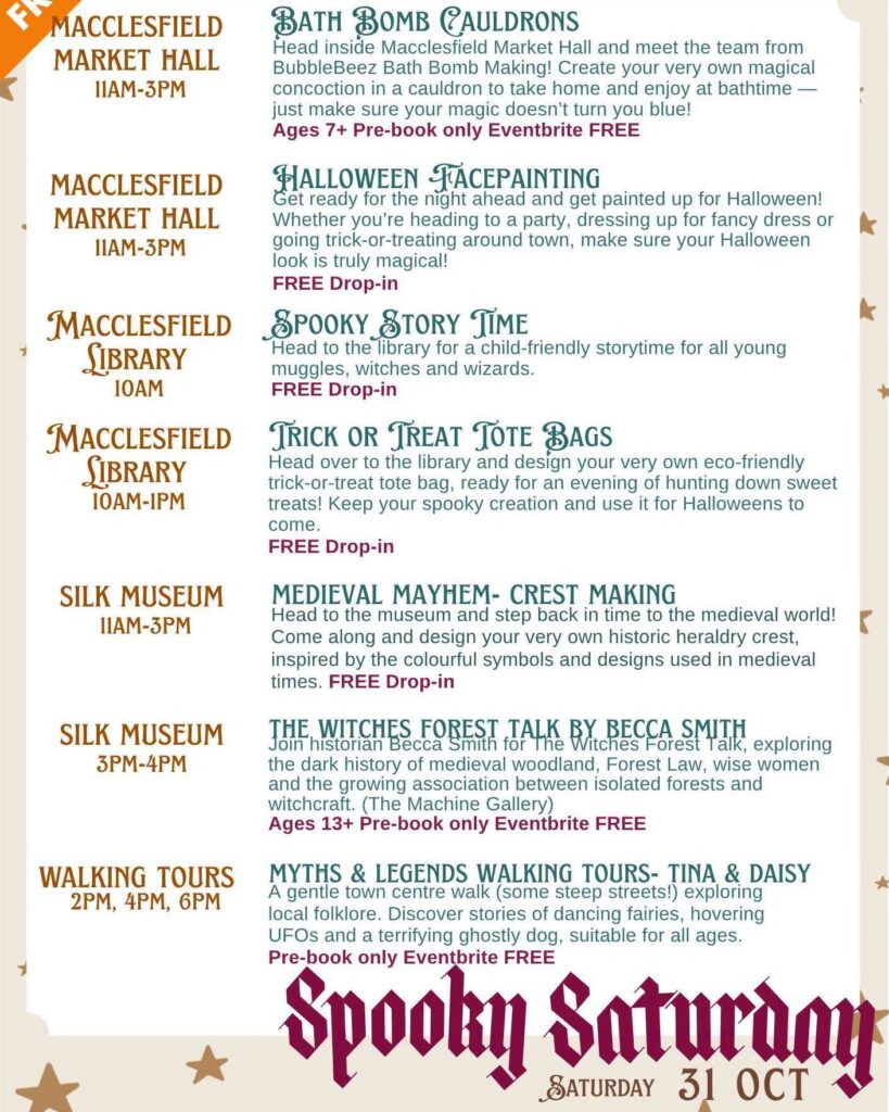 Spooky Saturday 2026 poster showing activities at Macclesfield Market Hall, Library and Silk Museum, plus the walking tours